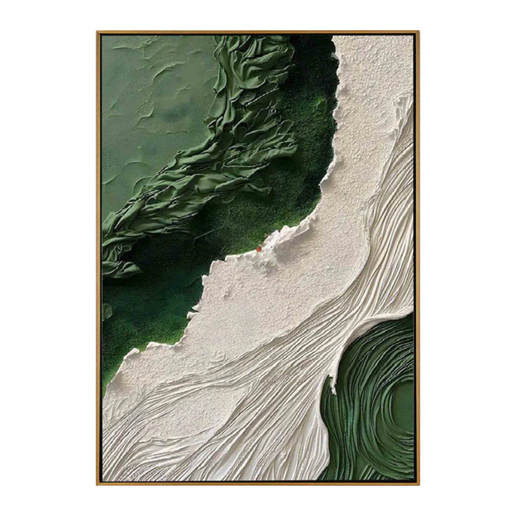 Emerald Waves-Vertical Textured Green & White Abstract Painting for Modern Decor
