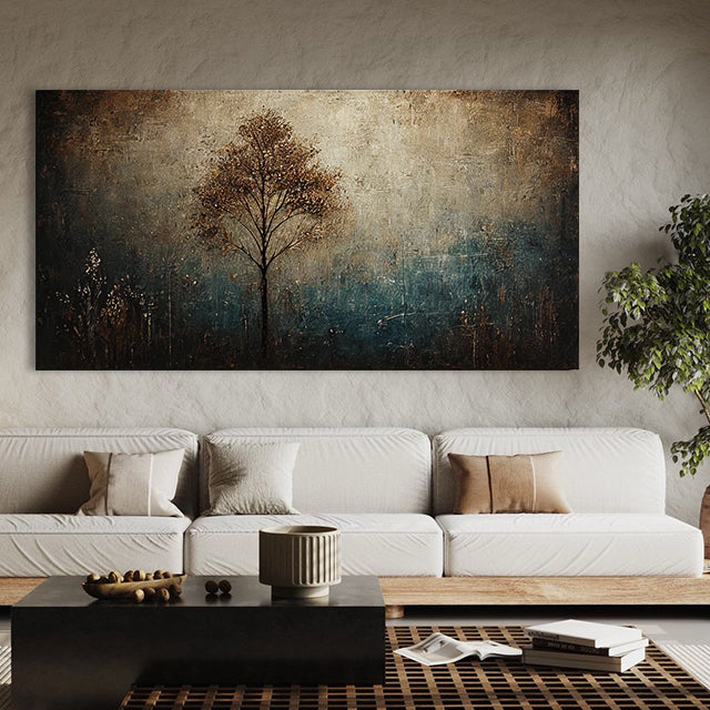Ethereal Solitude-Textured Abstract Tree Landscape Horizontal Canvas Wall Art: Warm Brown & Teal Toned for Modern Bedroom/Living Room Decor