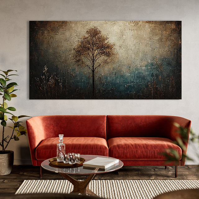 Ethereal Solitude-Textured Abstract Tree Landscape Horizontal Canvas Wall Art: Warm Brown & Teal Toned for Modern Bedroom/Living Room Decor
