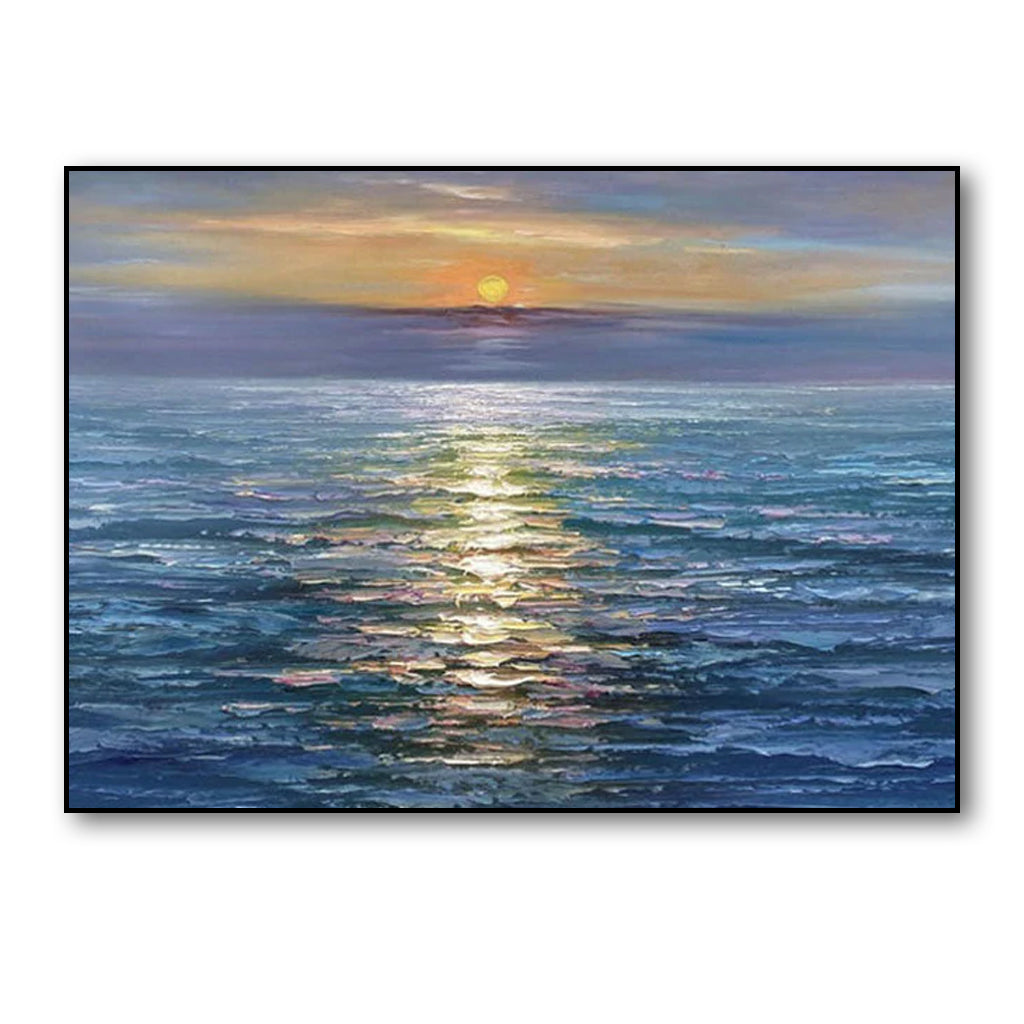 Glittering Sunset-Horizontal Textured Ocean Sunset Oil Painting for Living Room or Bedroom