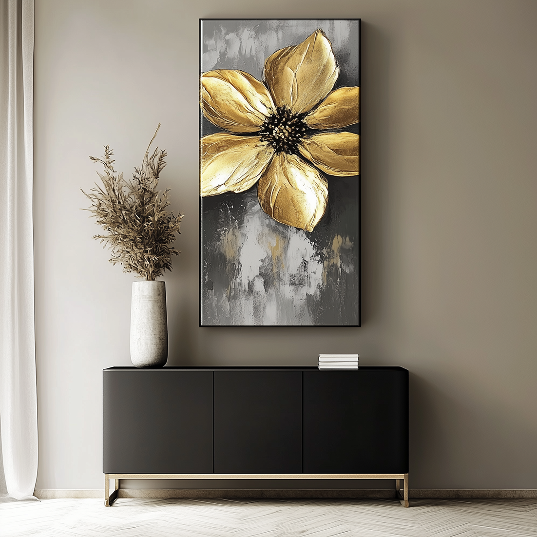 Golden Bloom-Luxury Textured Gold Flower Painting, Abstract Floral canvas Wall Art for Home Decoration