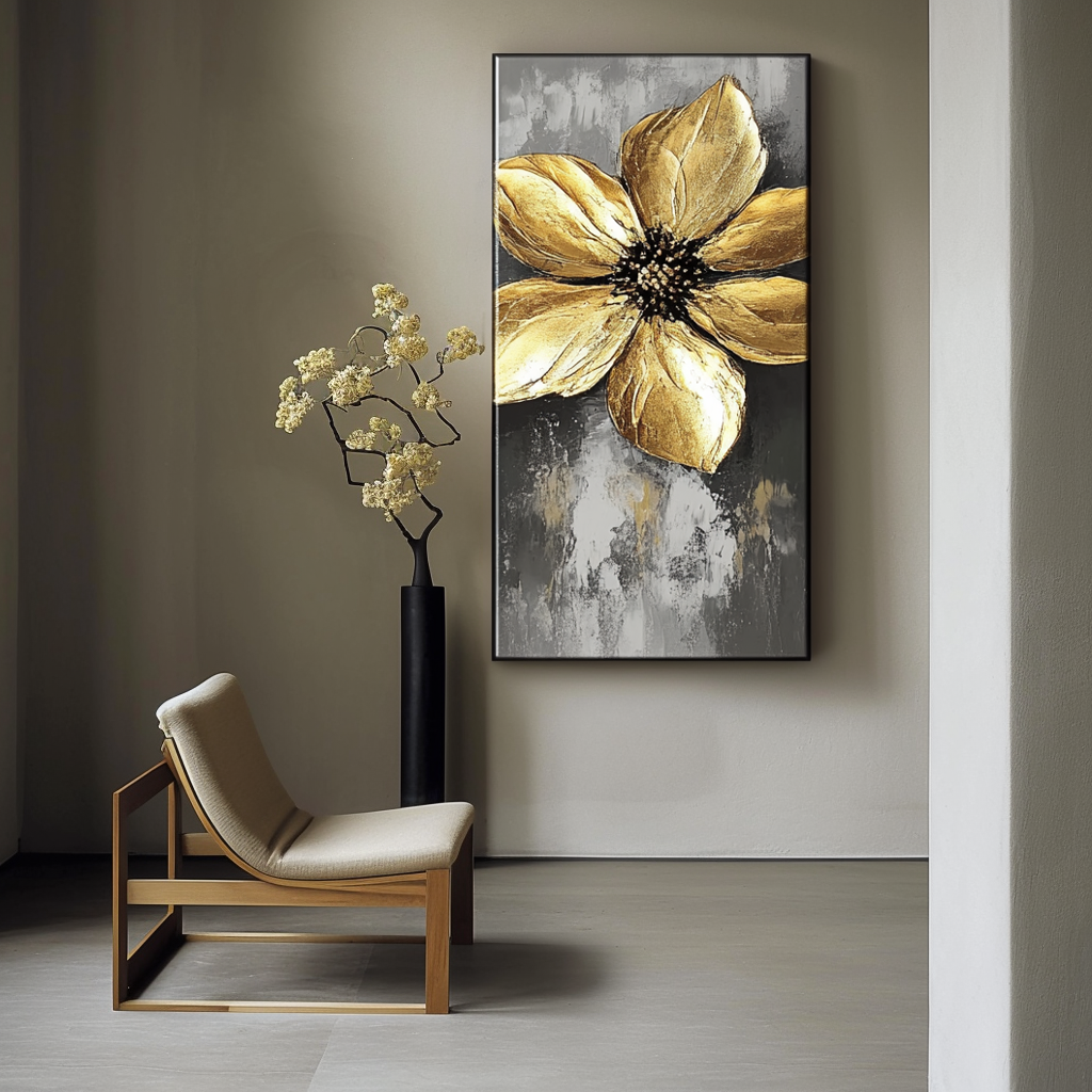 Golden Bloom-Luxury Textured Gold Flower Painting, Abstract Floral canvas Wall Art for Home Decoration