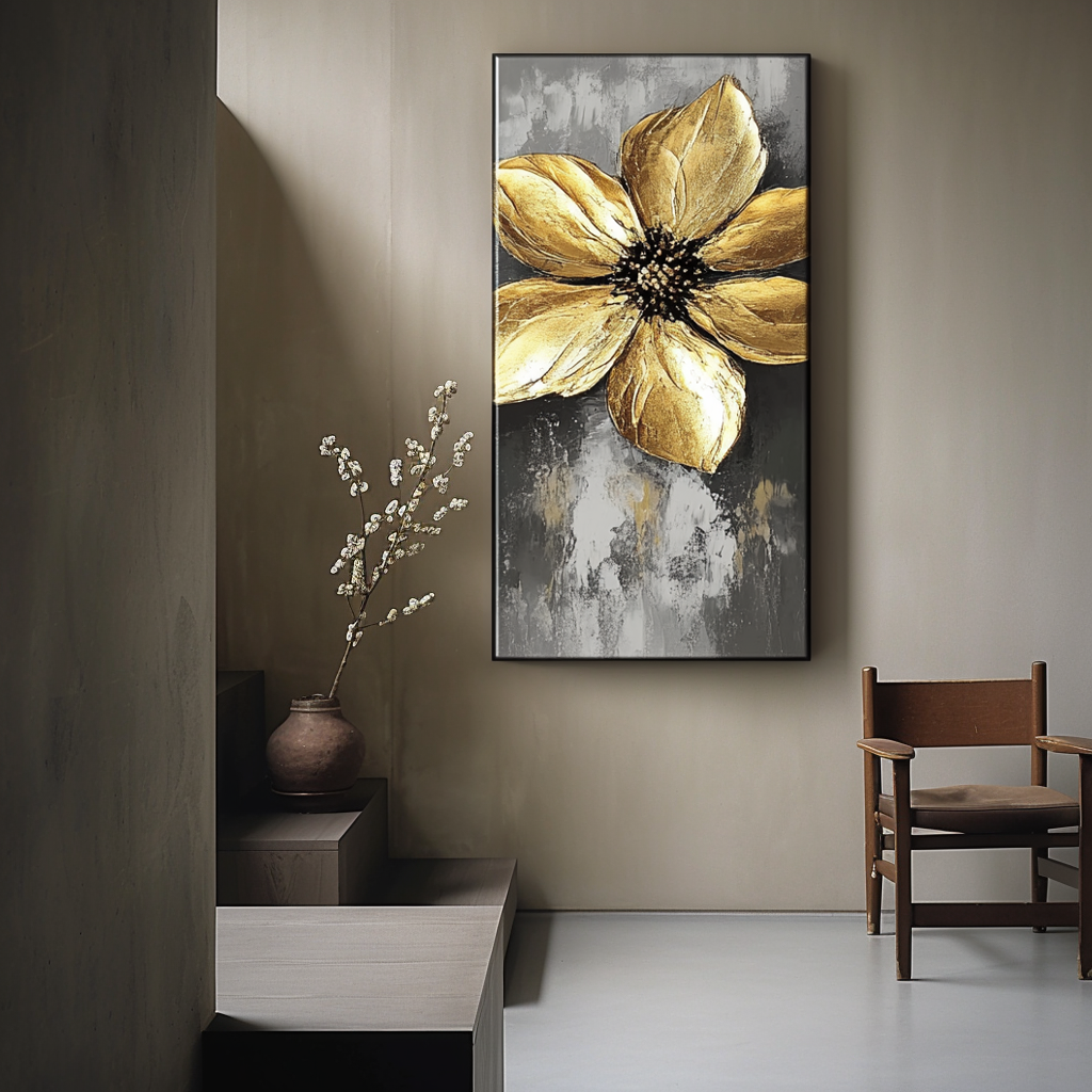 Golden Bloom-Luxury Textured Gold Flower Painting, Abstract Floral canvas Wall Art for Home Decoration