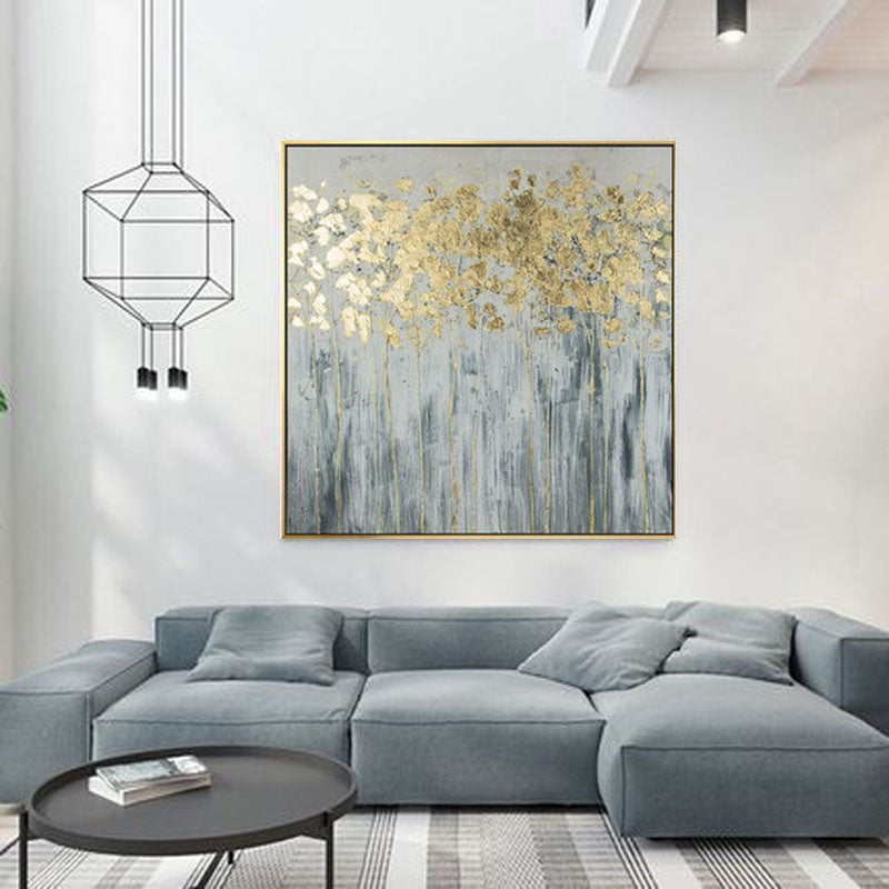 Golden Bloom - Abstract Golden Floral Wall Decor - Gray-Toned Contemporary Art for Living Room