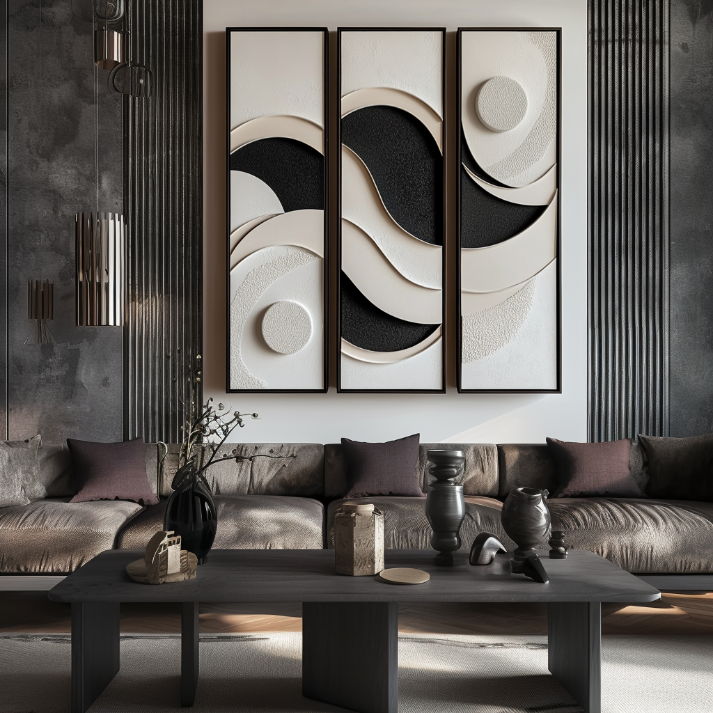 Lunar Drift-Modern Abstract 3-Piece Wall Art Set - 3D Textured Geometric Wave & Circle Decor in Black & Beige Tones