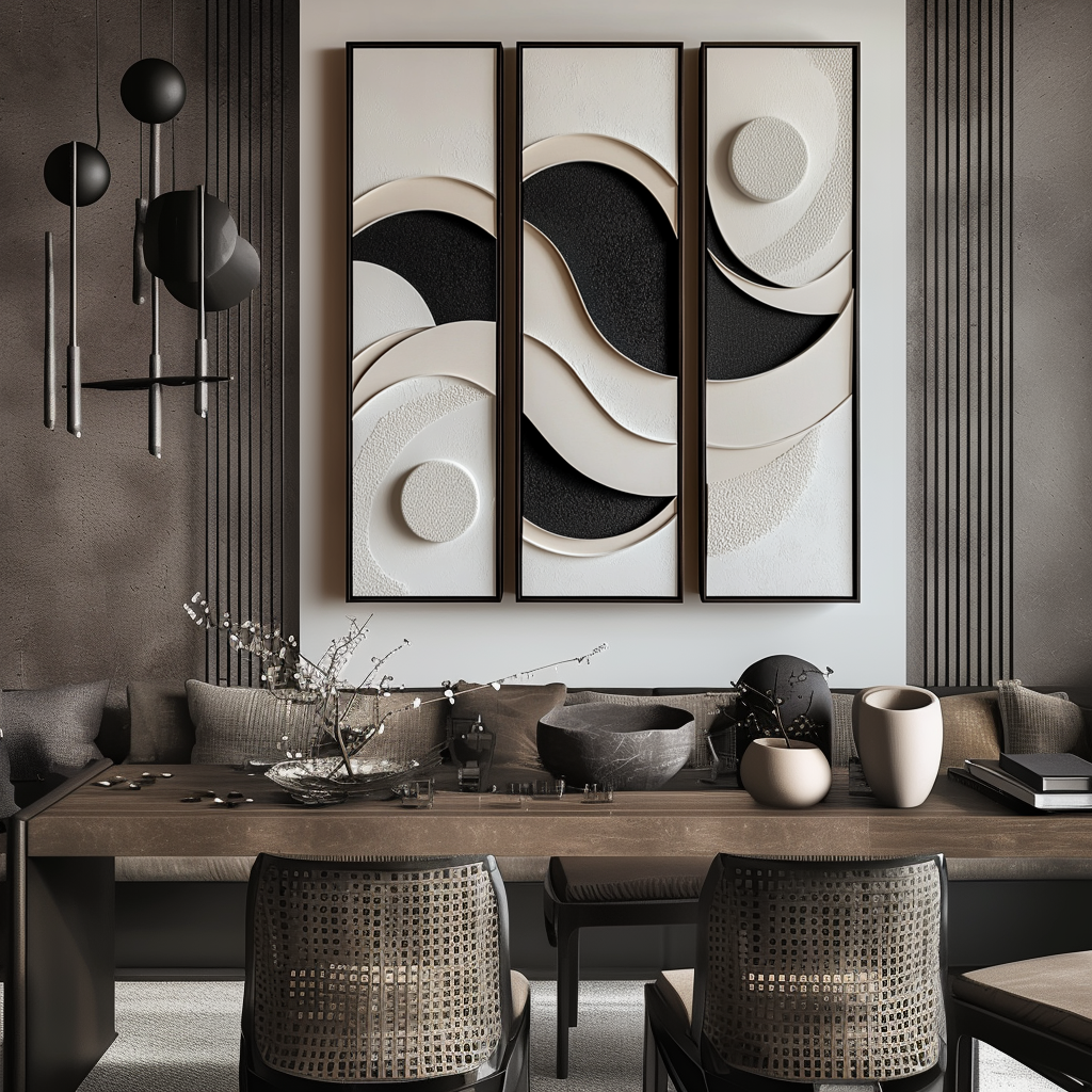 Lunar Drift-Modern Abstract 3-Piece Wall Art Set - 3D Textured Geometric Wave & Circle Decor in Black & Beige Tones