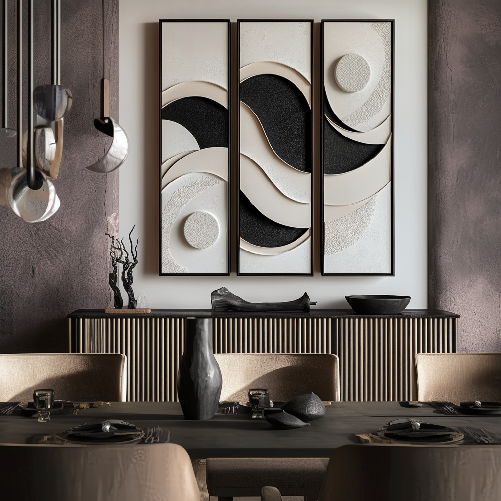Lunar Drift-Modern Abstract 3-Piece Wall Art Set - 3D Textured Geometric Wave & Circle Decor in Black & Beige Tones