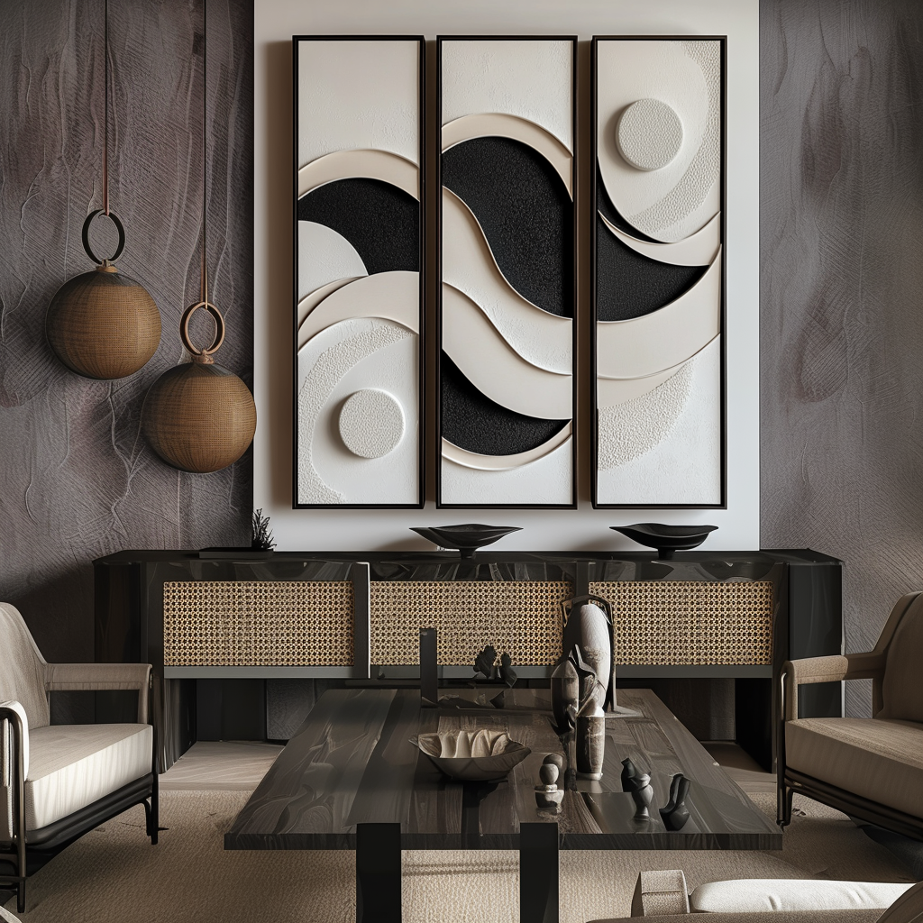 Lunar Drift-Modern Abstract 3-Piece Wall Art Set - 3D Textured Geometric Wave & Circle Decor in Black & Beige Tones