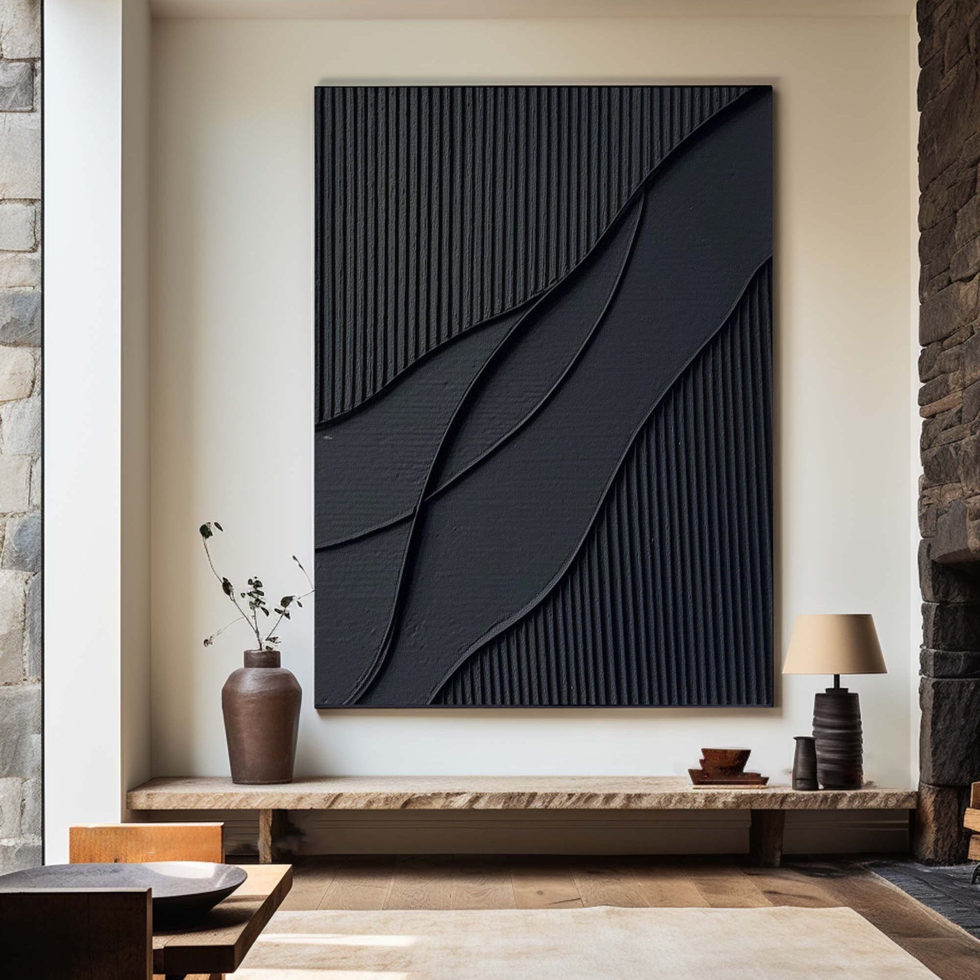 Midnight Waves-Black Minimalist Abstract Painting for Contemporary Home Decor