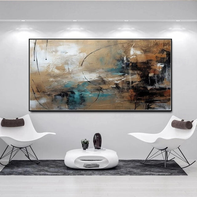 Desert Hues: Abstract Horizon- Large Textured Abstract Horizontal Canvas Wall Art: Warm Brown & Teal Toned Painting for Modern Living Room Decor