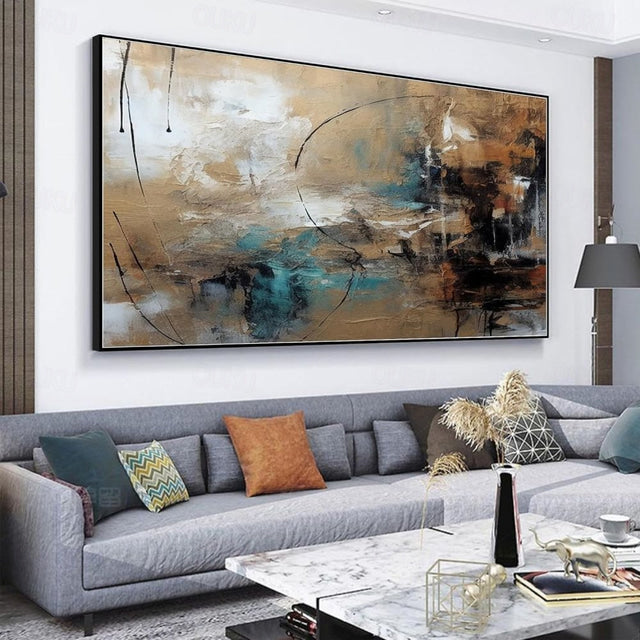 Desert Hues: Abstract Horizon- Large Textured Abstract Horizontal Canvas Wall Art: Warm Brown & Teal Toned Painting for Modern Living Room Decor