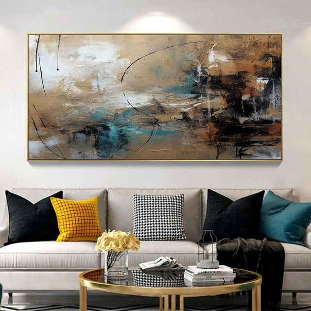 Desert Hues: Abstract Horizon- Large Textured Abstract Horizontal Canvas Wall Art: Warm Brown & Teal Toned Painting for Modern Living Room Decor