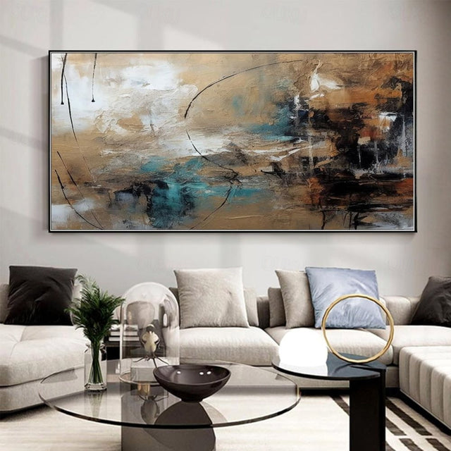 Desert Hues: Abstract Horizon- Large Textured Abstract Horizontal Canvas Wall Art: Warm Brown & Teal Toned Painting for Modern Living Room Decor