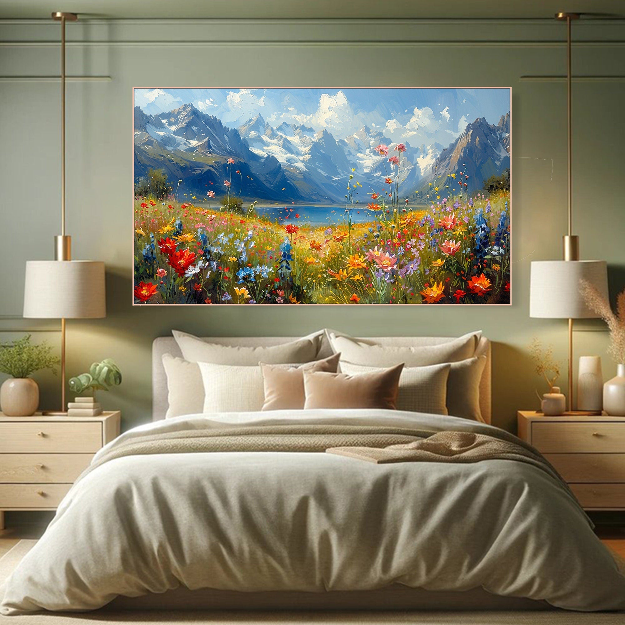 Alpine Bloom Reverie - Mountain Meadow Bloom Colorful Landscape Painting for Home Wall Decor