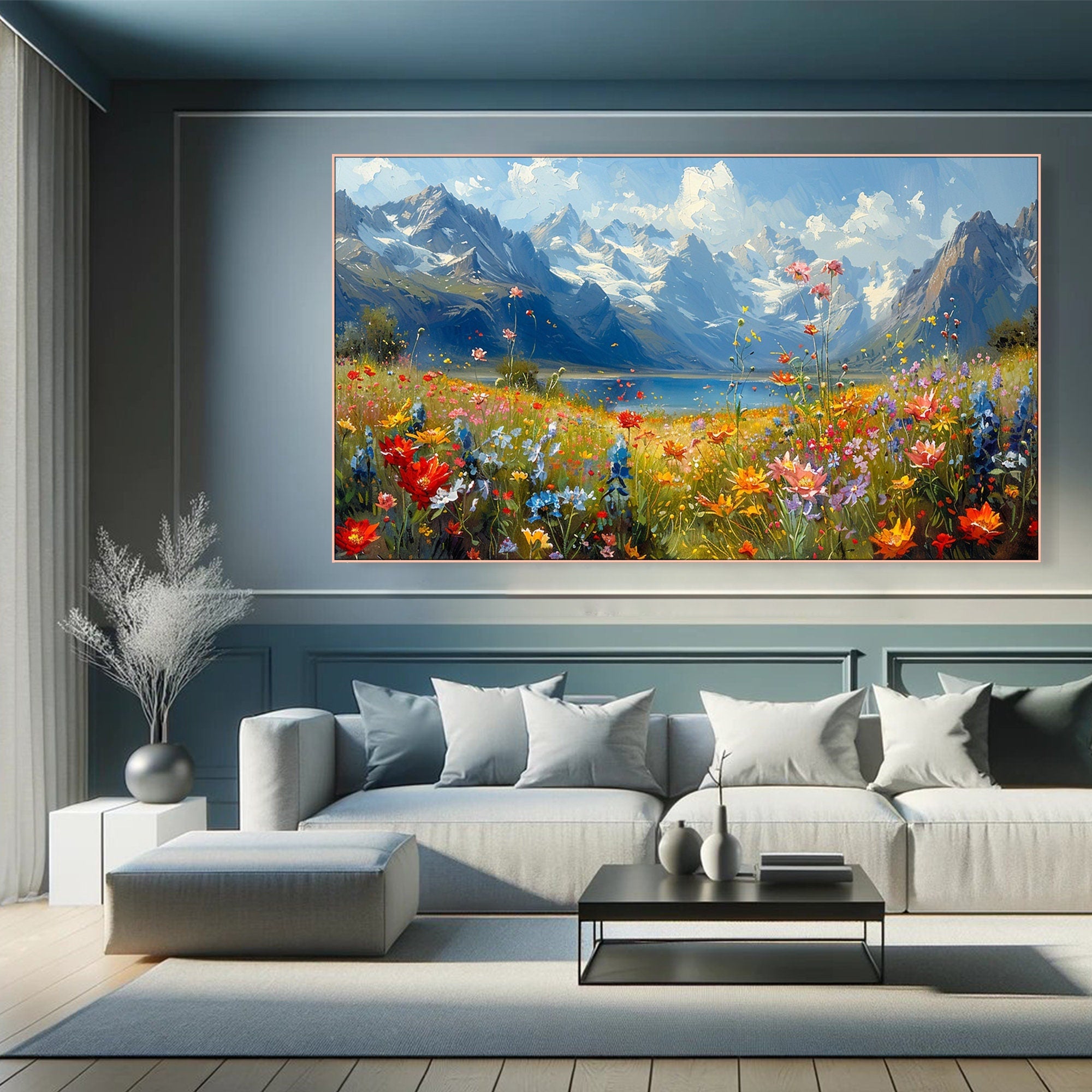 Alpine Bloom Reverie - Mountain Meadow Bloom Colorful Landscape Painting for Home Wall Decor