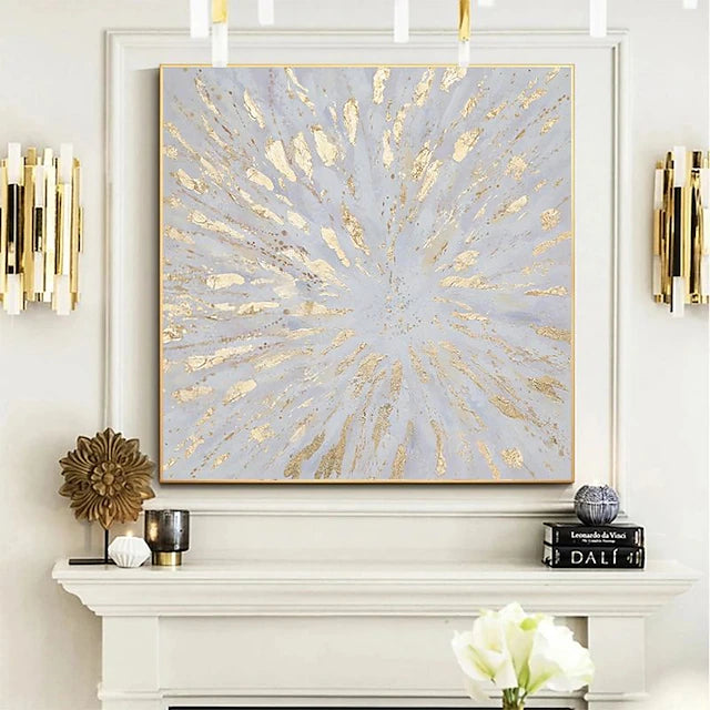 Gold Framed Square Textured Abstract Wall Art: Light Blue & Gold Burst Pattern for Modern Home Decor