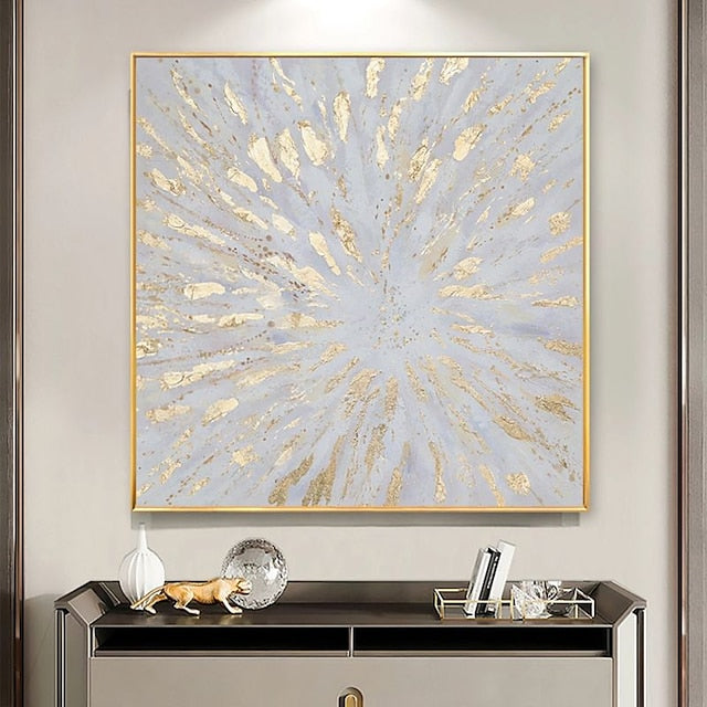 Gold Framed Square Textured Abstract Wall Art: Light Blue & Gold Burst Pattern for Modern Home Decor