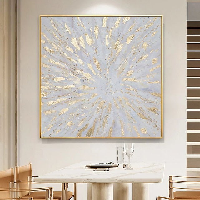 Gold Framed Square Textured Abstract Wall Art: Light Blue & Gold Burst Pattern for Modern Home Decor