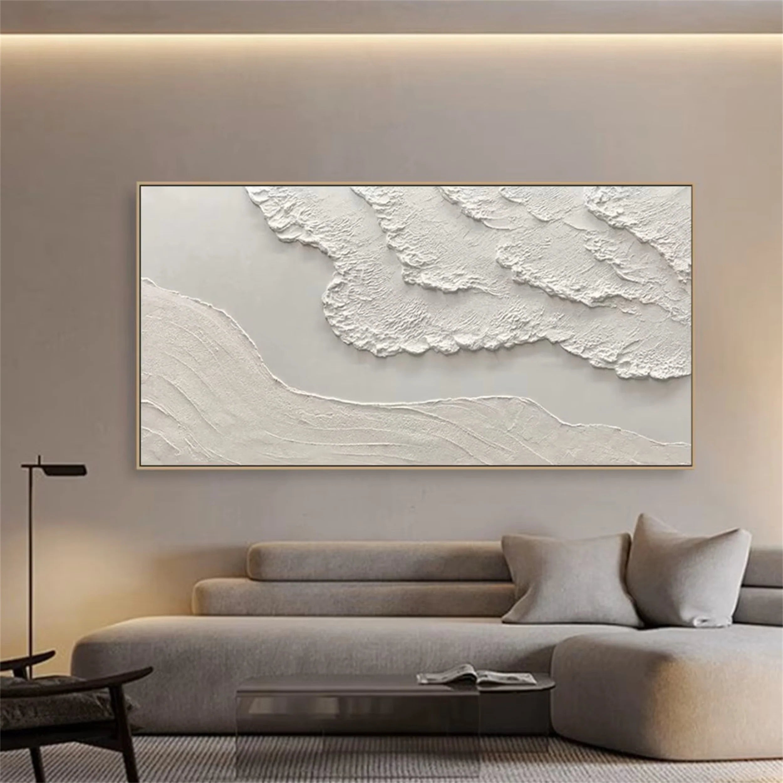 Silent Drift of White Shores-3D Textured Neutral Tone Wall Art - Minimalist Abstract Landscape Framed Decor for Modern Home