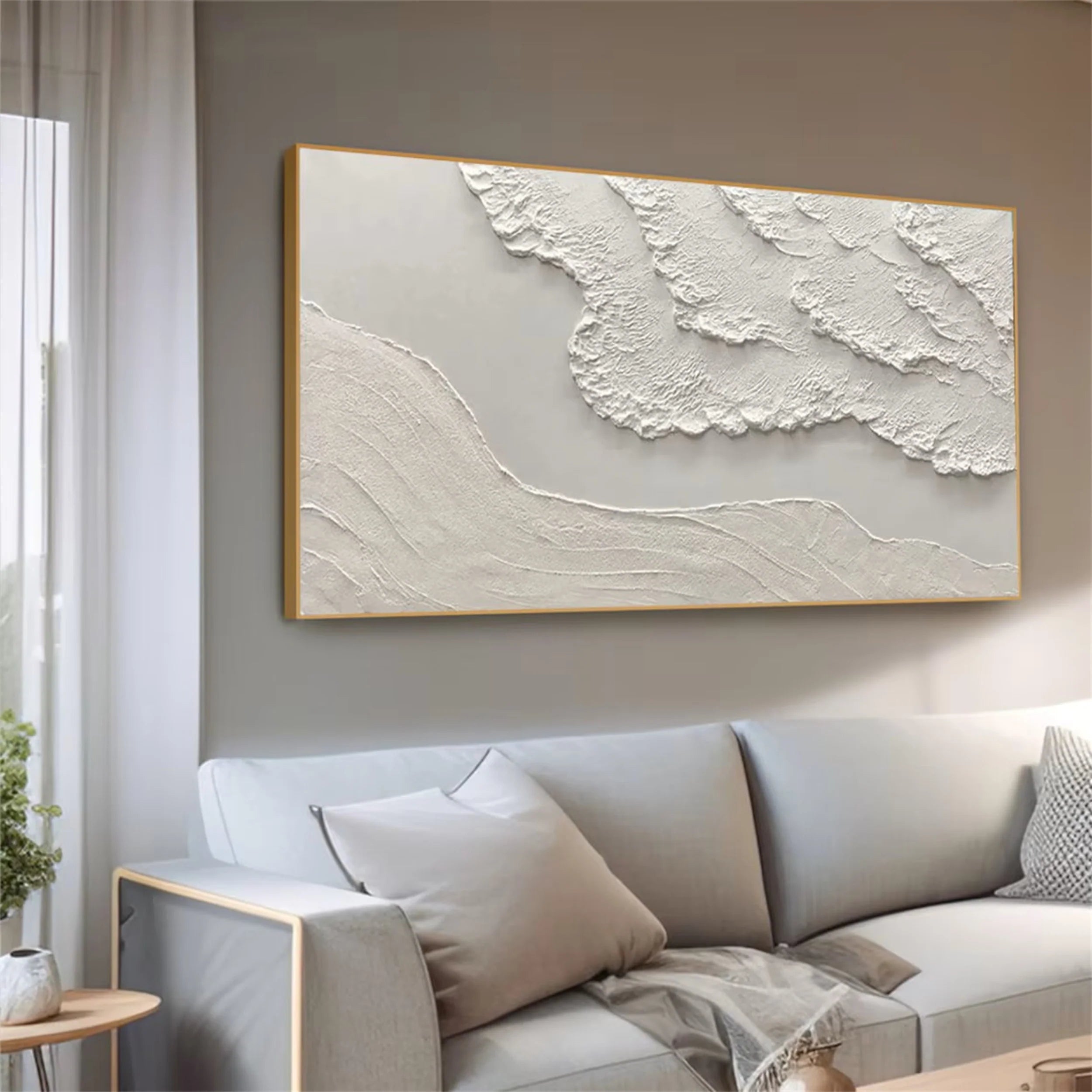 Silent Drift of White Shores-3D Textured Neutral Tone Wall Art - Minimalist Abstract Landscape Framed Decor for Modern Home