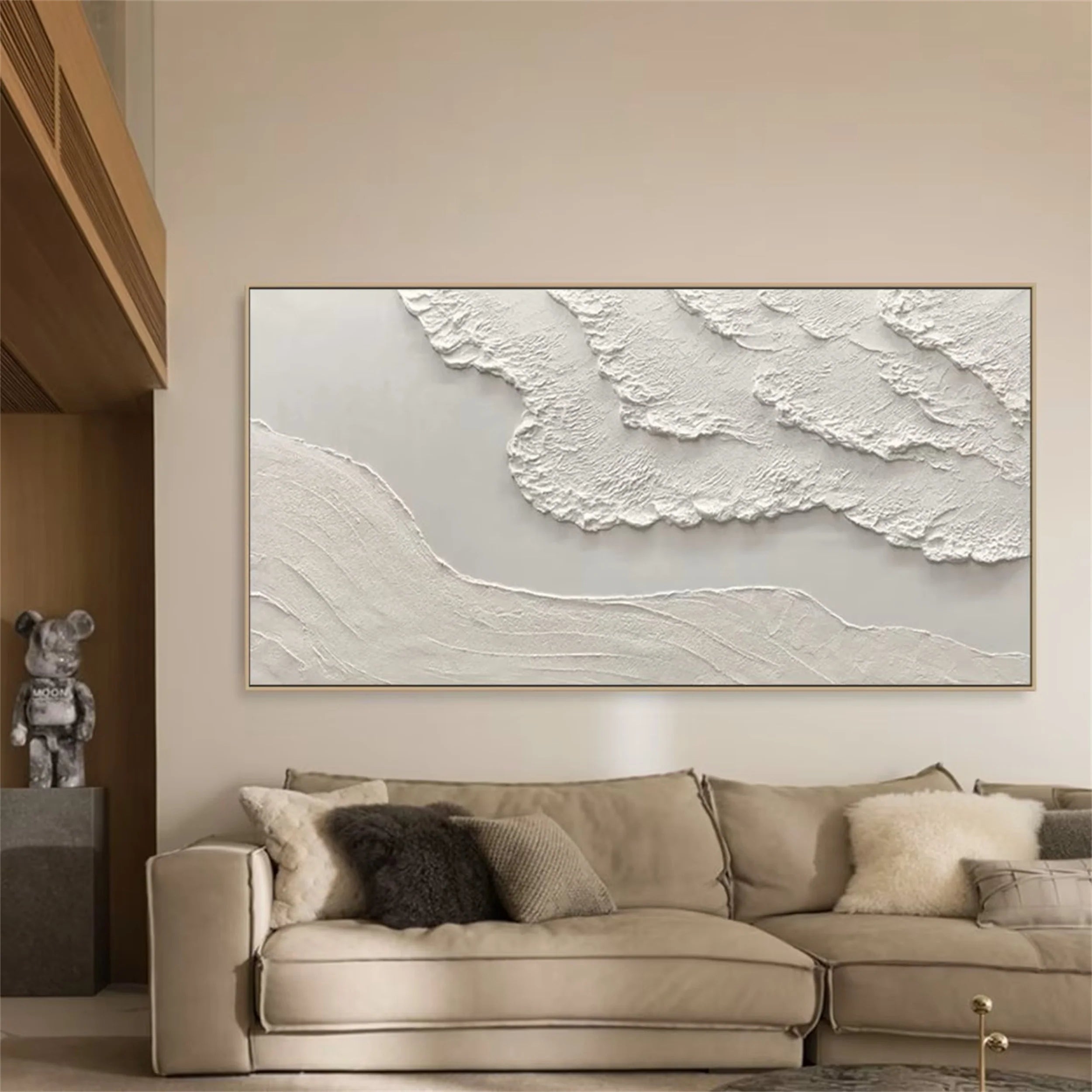 Silent Drift of White Shores-3D Textured Neutral Tone Wall Art - Minimalist Abstract Landscape Framed Decor for Modern Home