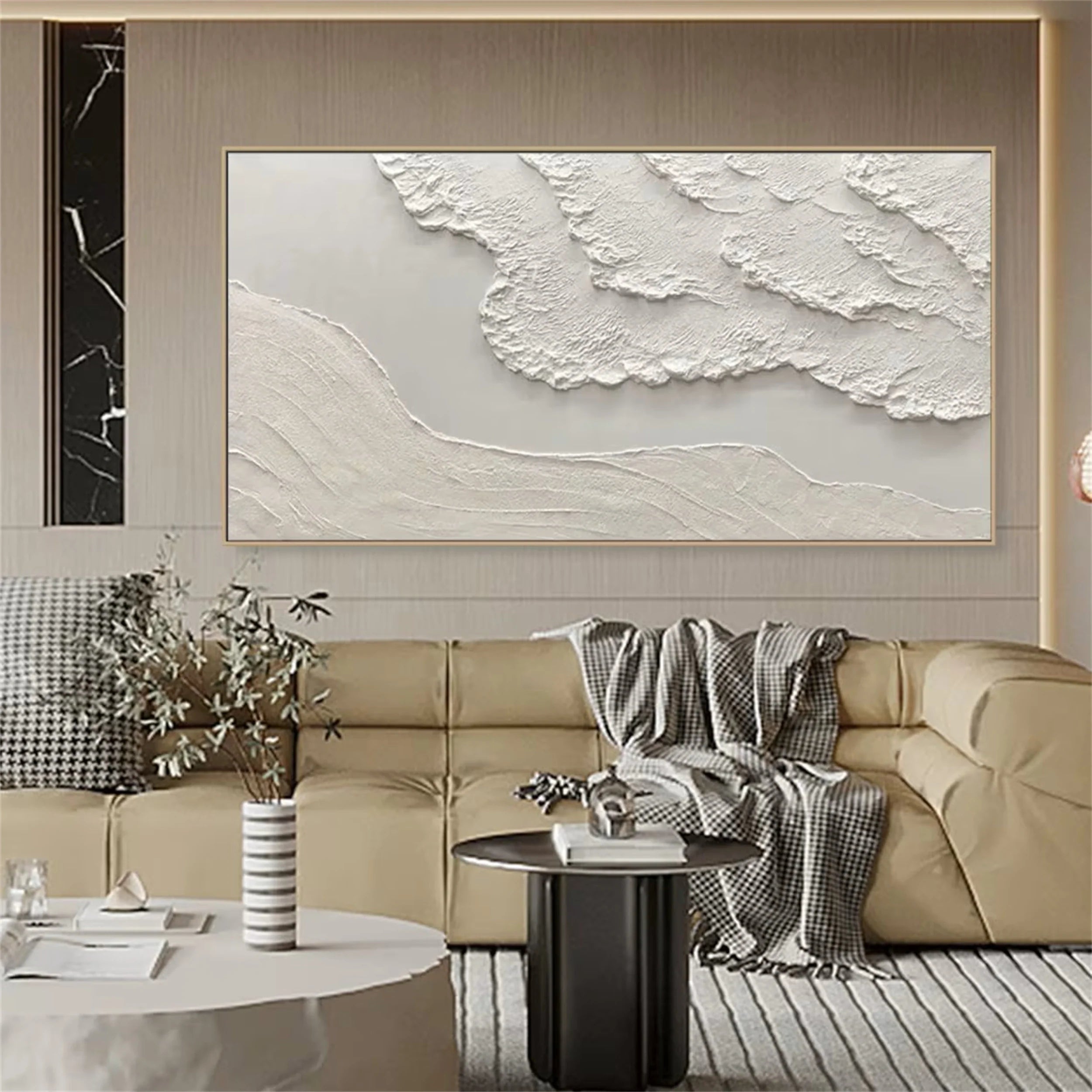Silent Drift of White Shores-3D Textured Neutral Tone Wall Art - Minimalist Abstract Landscape Framed Decor for Modern Home