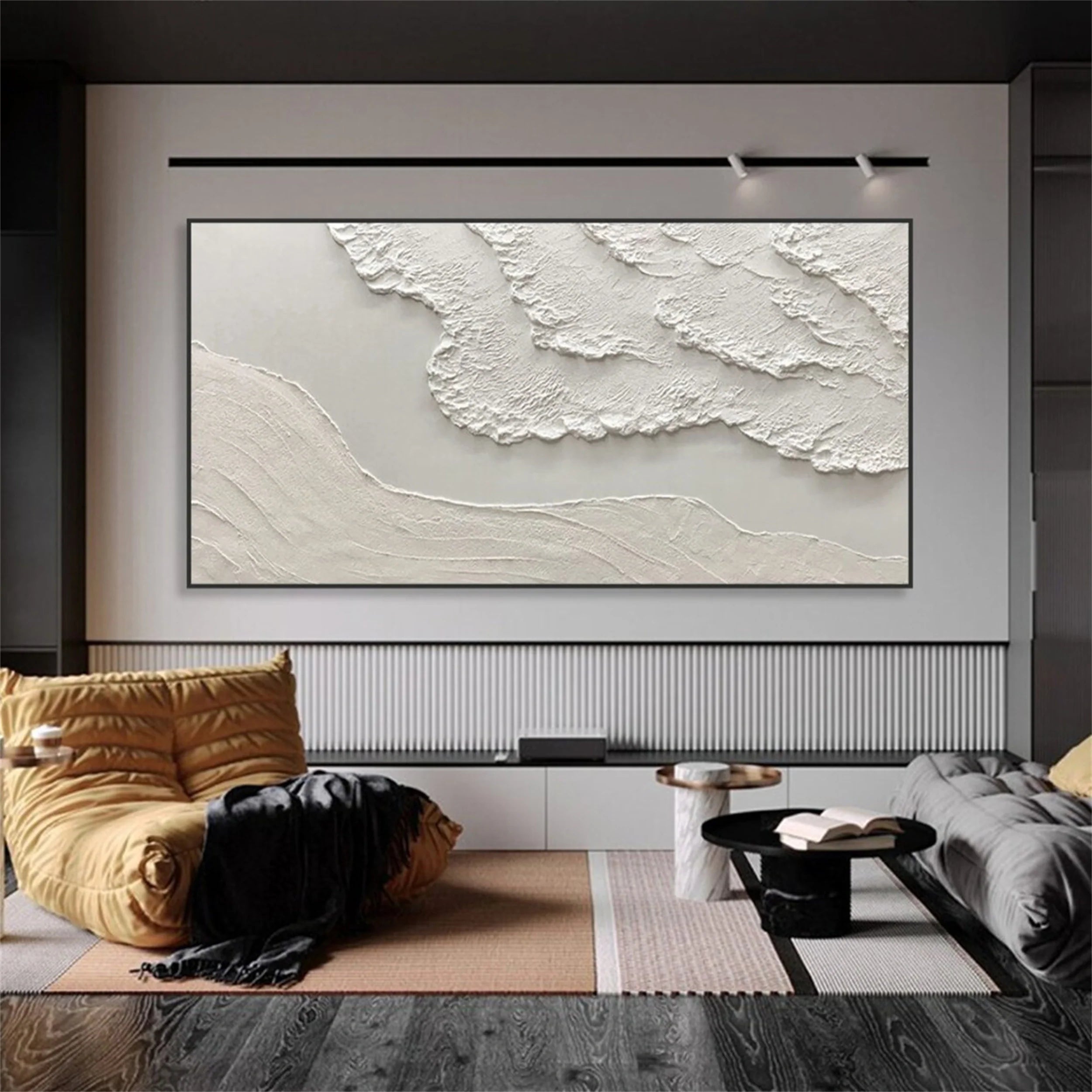 Silent Drift of White Shores-3D Textured Neutral Tone Wall Art - Minimalist Abstract Landscape Framed Decor for Modern Home