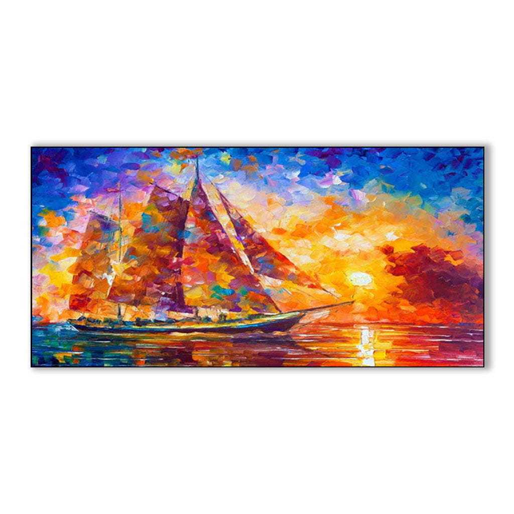 The Colored Sailing Yacht- Colorful Sailboat Oil Painting, Sunset Sea Landscape Art for Home Decoration