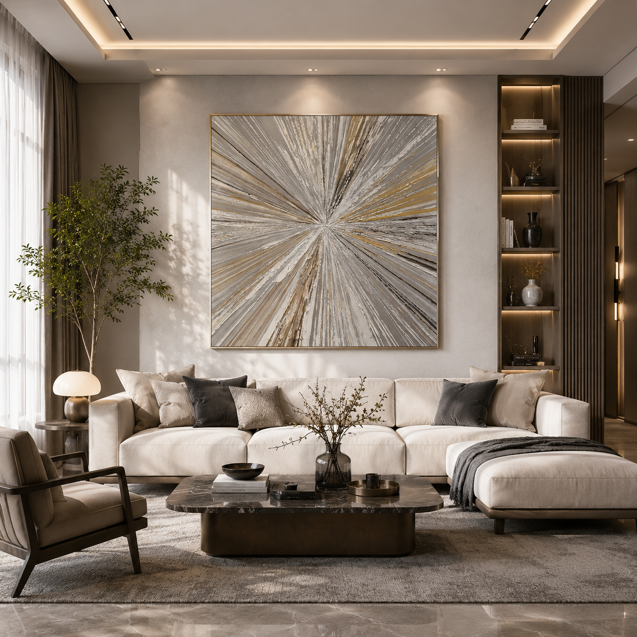 Time Travel - Hand-Painted Silver & Gold Abstract Wall Art, Radial Burst Textured Canvas Painting for Modern Living Room Decor
