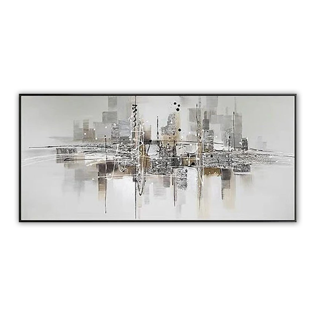 Urban Reflection-Abstract Cityscape Painting | Modern Skyline Wall Art on Panoramic Canvas