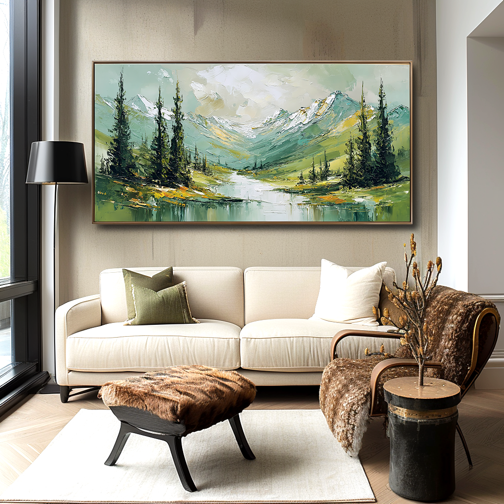 Valley Serenity – Abstract Mountain Landscape Painting, Textured Canvas Wall Art for Modern Interiors