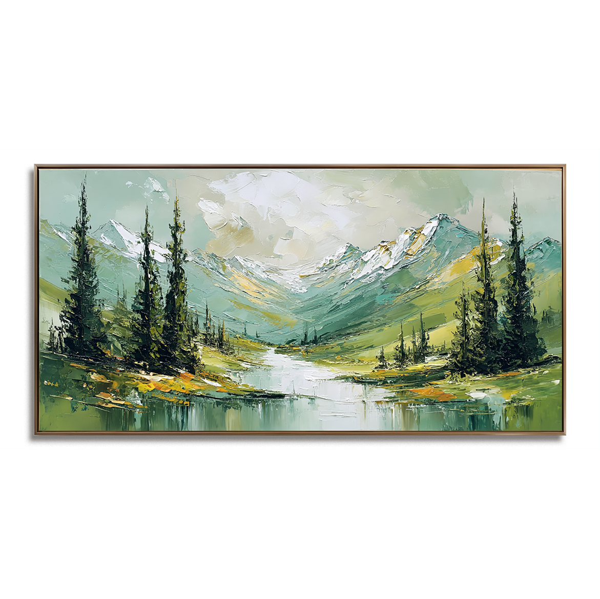 Abstract mountain landscape painting with textured peaks, evergreen trees, and a reflective river, horizontal canvas wall art for modern interiors.