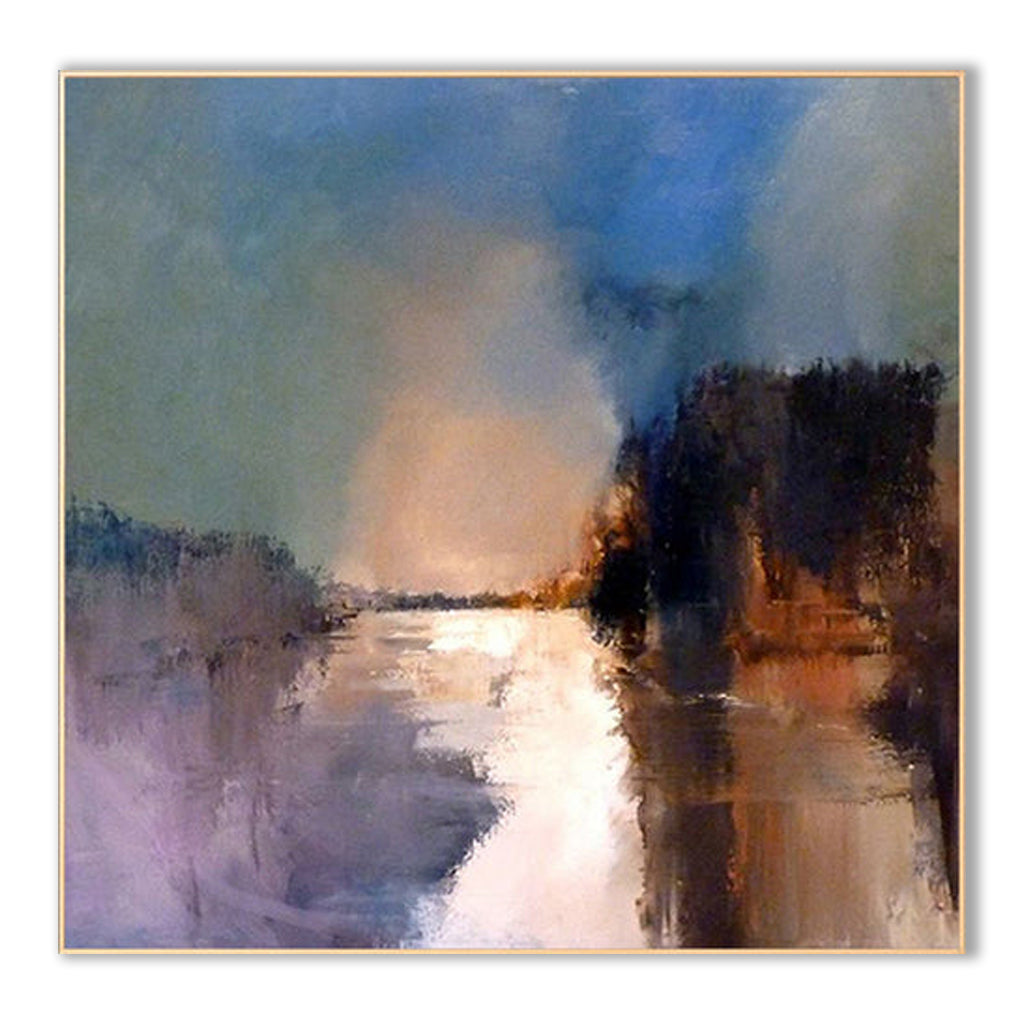 Coal-Impressionist River Landscape Painting - Serene Twilight Scene with Soft Color Blends
