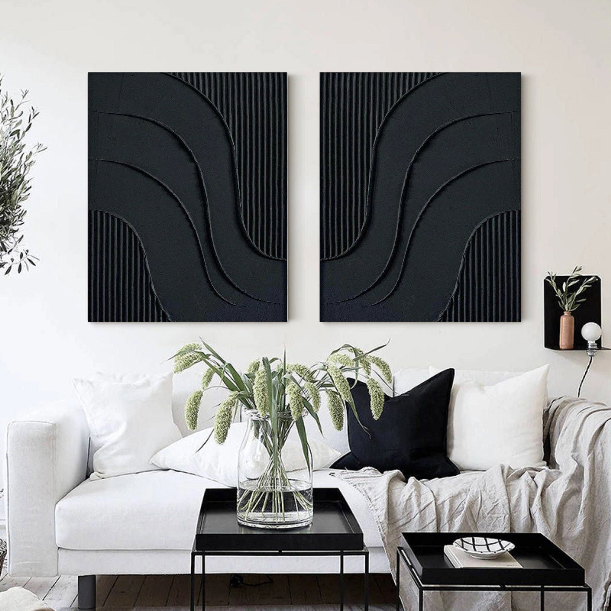 Dual Flow Elegance-Minimalist Black Abstract Diptych Painting | Modern Textured Wall Art