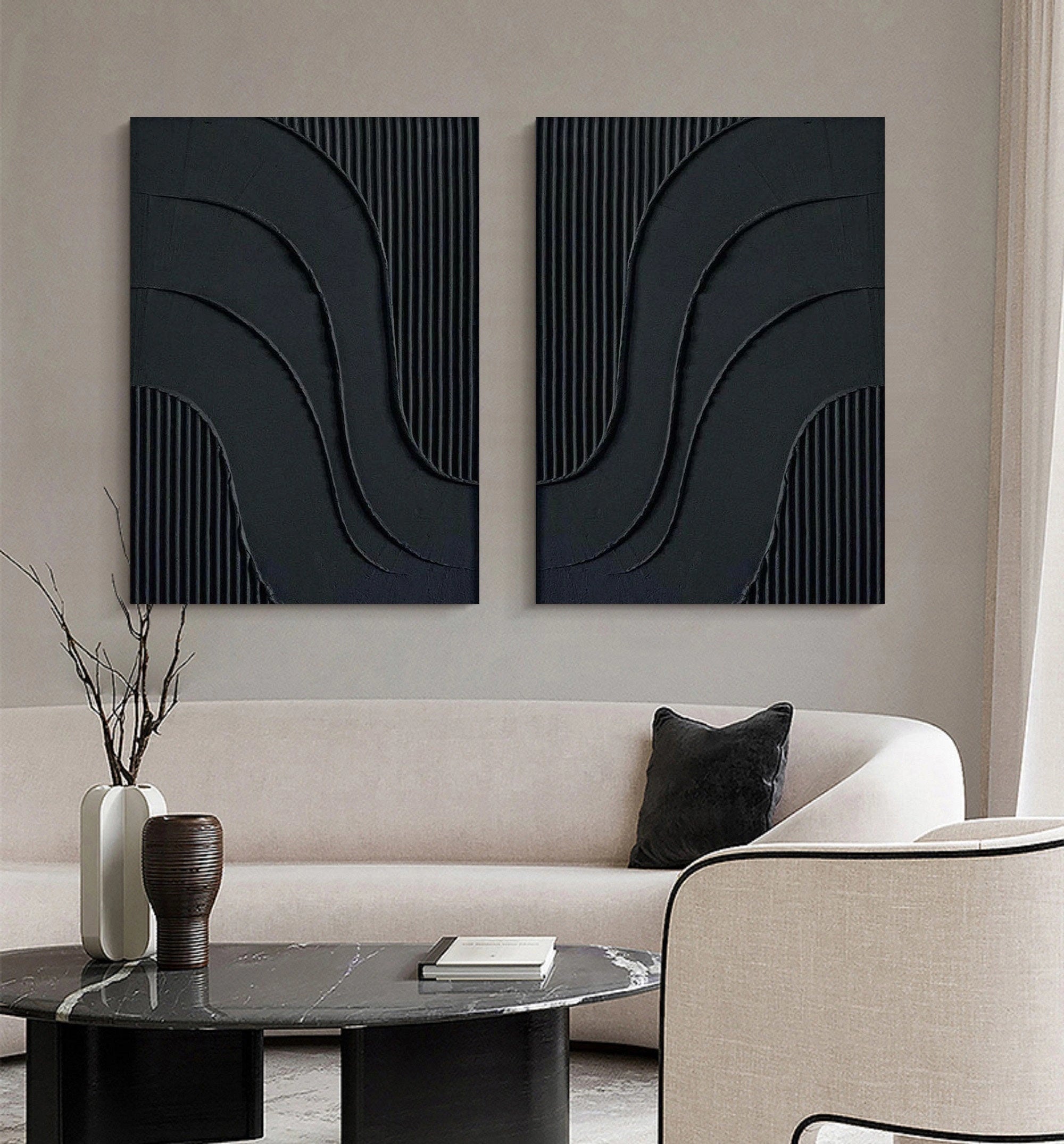 Dual Flow Elegance-Minimalist Black Abstract Diptych Painting | Modern Textured Wall Art