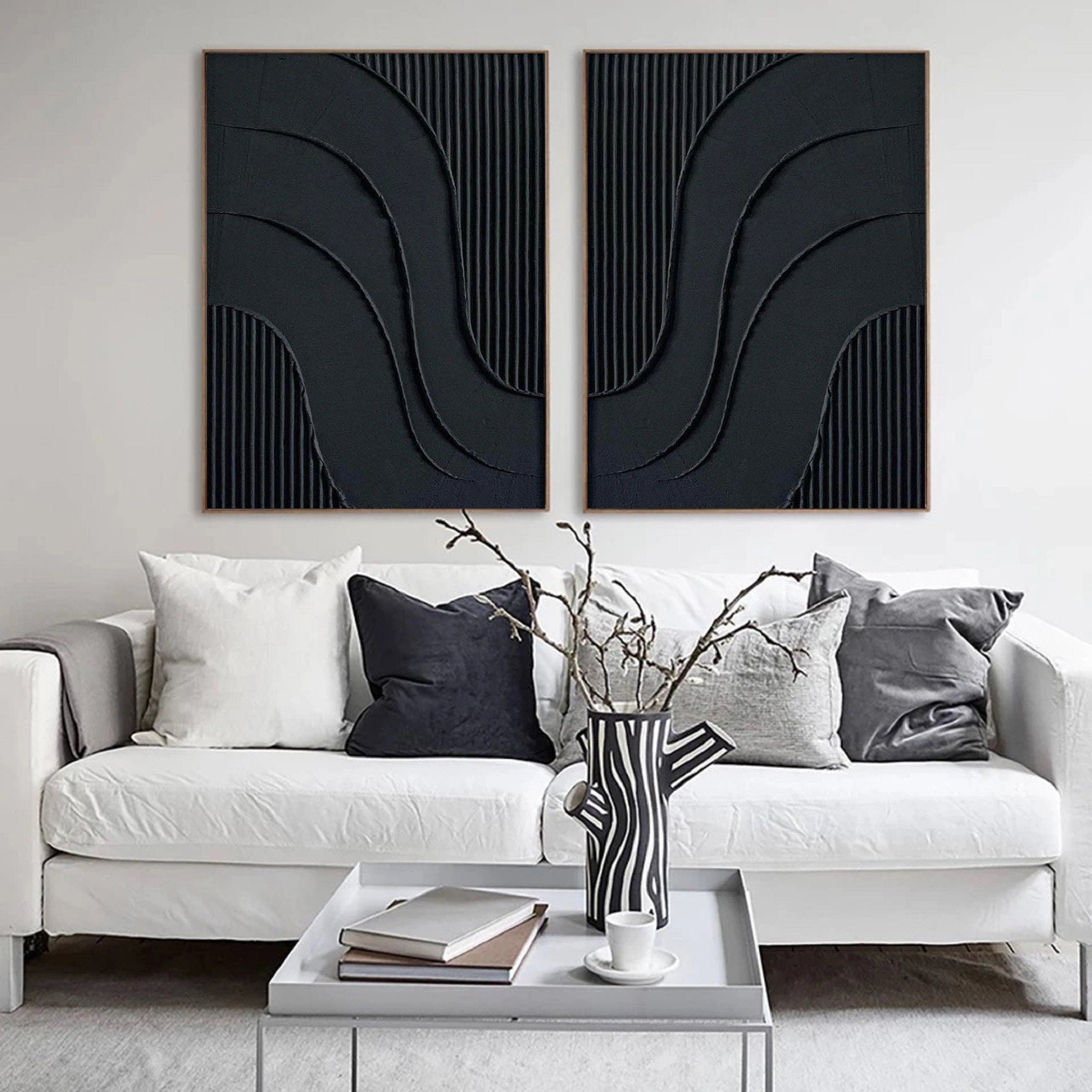 Dual Flow Elegance-Minimalist Black Abstract Diptych Painting | Modern Textured Wall Art
