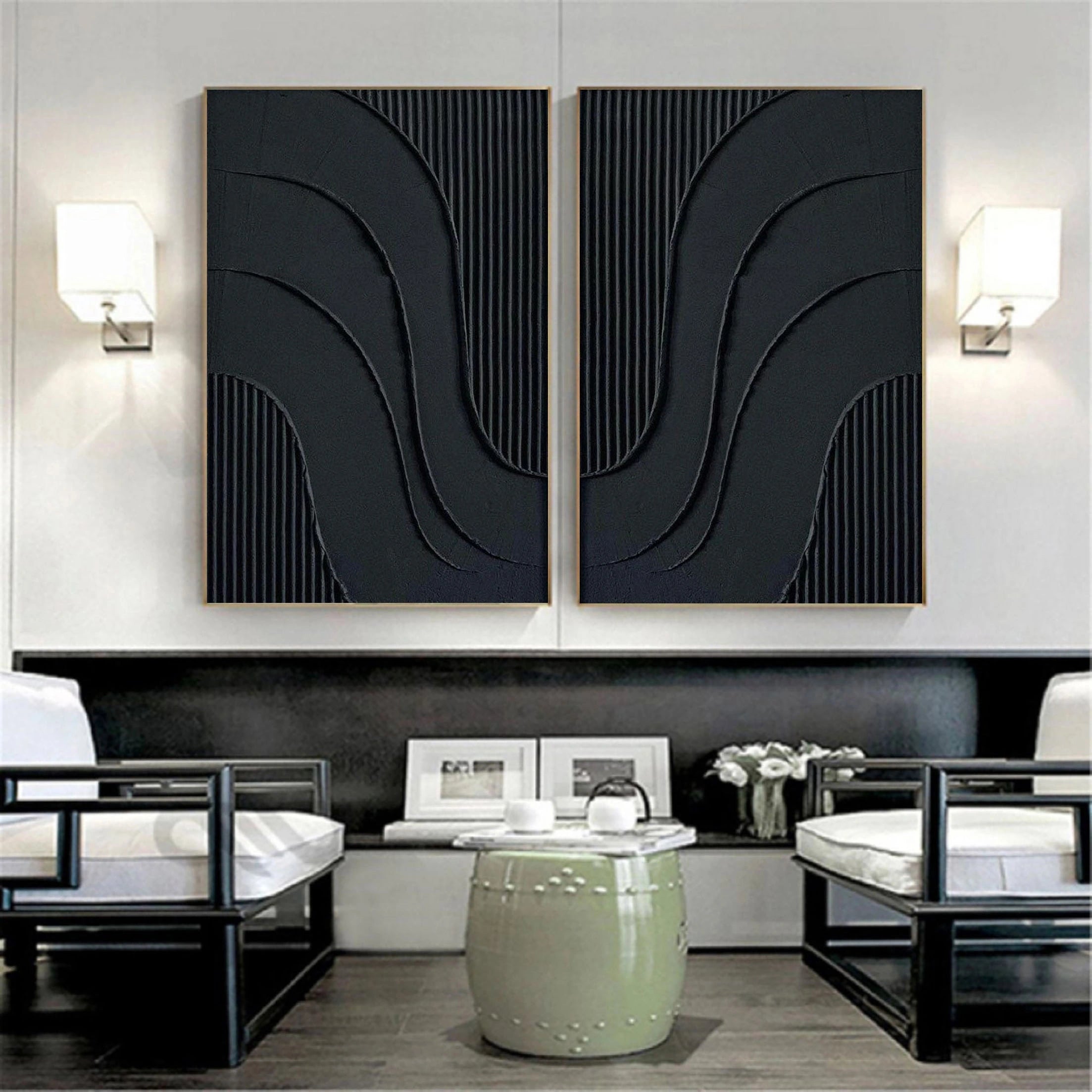 Dual Flow Elegance-Minimalist Black Abstract Diptych Painting | Modern Textured Wall Art