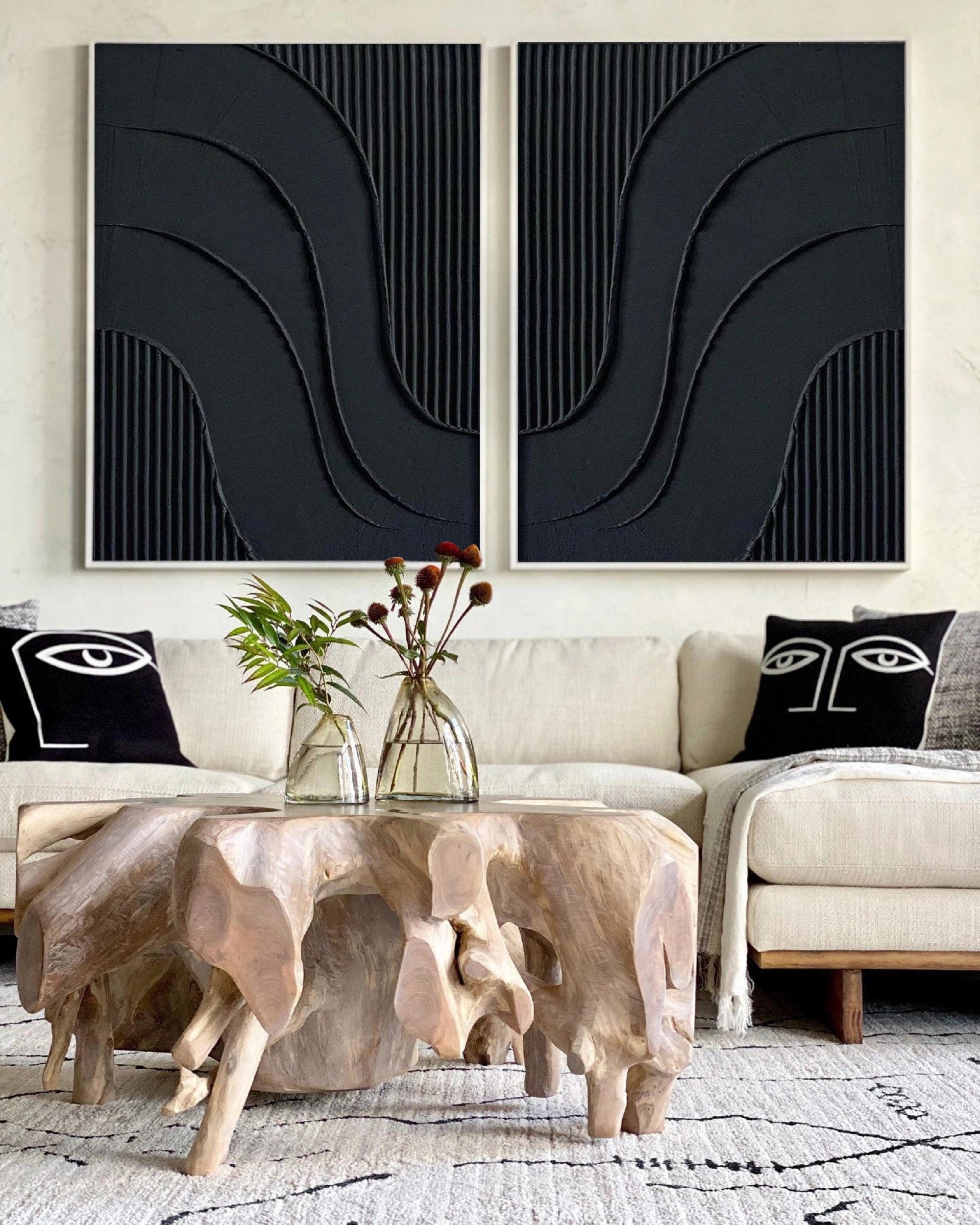 Dual Flow Elegance-Minimalist Black Abstract Diptych Painting | Modern Textured Wall Art