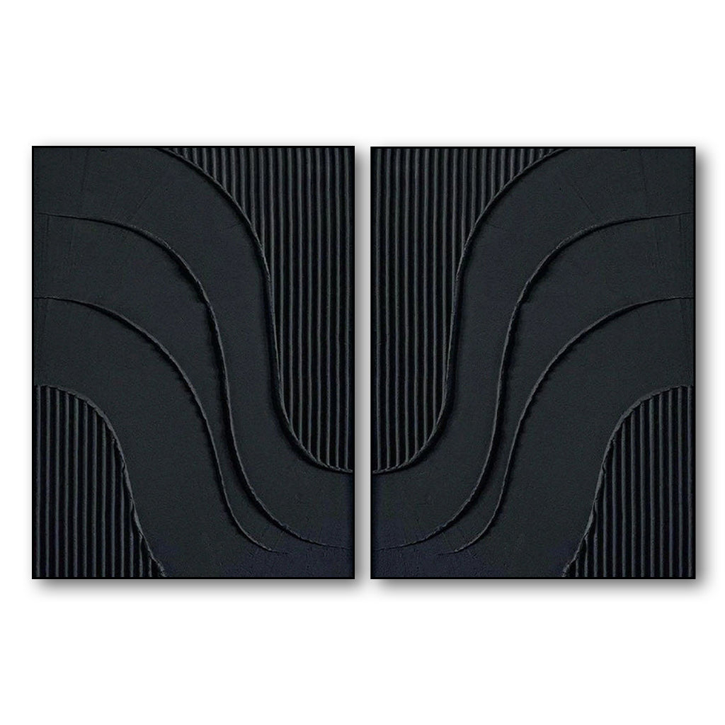 Dual Flow Elegance-Minimalist Black Abstract Diptych Painting | Modern Textured Wall Art