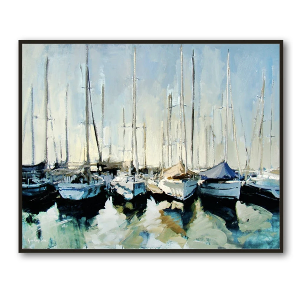 Abstract marina painting with boats and water reflections, ideal nautical wall art for coastal living room or office decor.