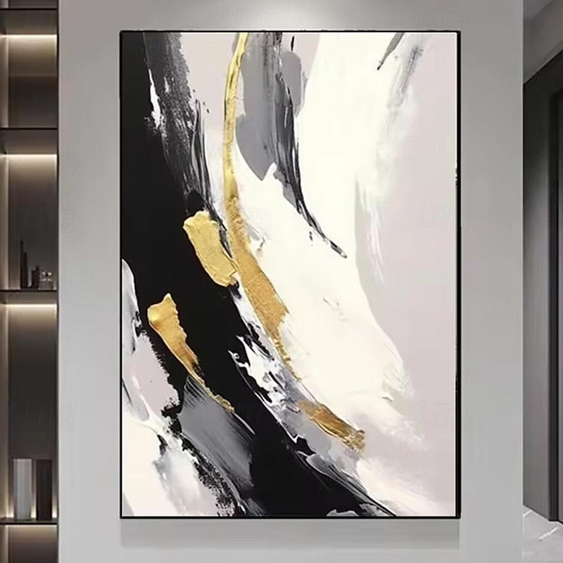 Golden Harmony: Large Abstract Triptych Wall Art: Gold & Black Textured Canvas Paintings for Modern Home Decor
