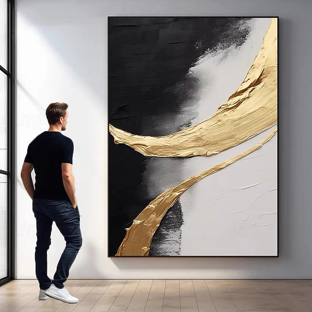 Golden Harmony: Large Abstract Triptych Wall Art: Gold & Black Textured Canvas Paintings for Modern Home Decor