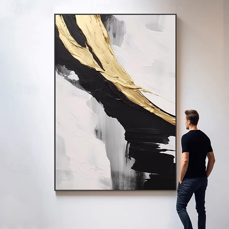 Golden Harmony: Large Abstract Triptych Wall Art: Gold & Black Textured Canvas Paintings for Modern Home Decor