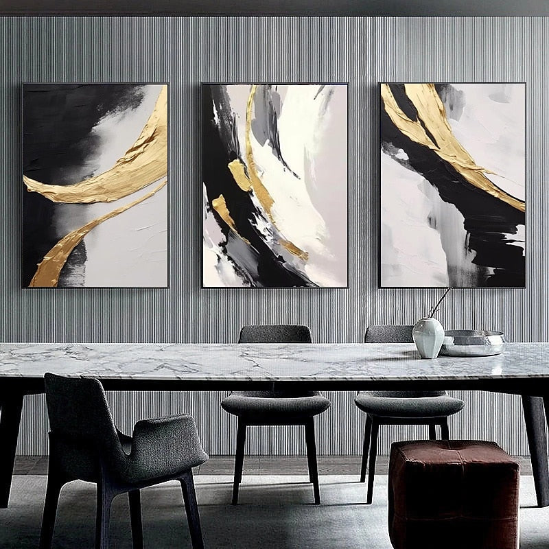 Golden Harmony: Large Abstract Triptych Wall Art: Gold & Black Textured Canvas Paintings for Modern Home Decor