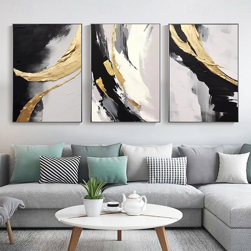 Golden Harmony: Large Abstract Triptych Wall Art: Gold & Black Textured Canvas Paintings for Modern Home Decor