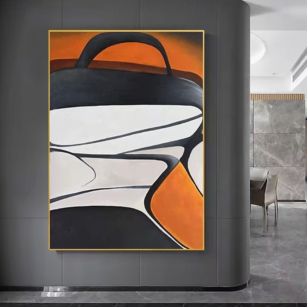 Abstract Vertical Canvas Wall Art: Black, White & Orange Curved Geometric Shapes Decor for Modern Interiors