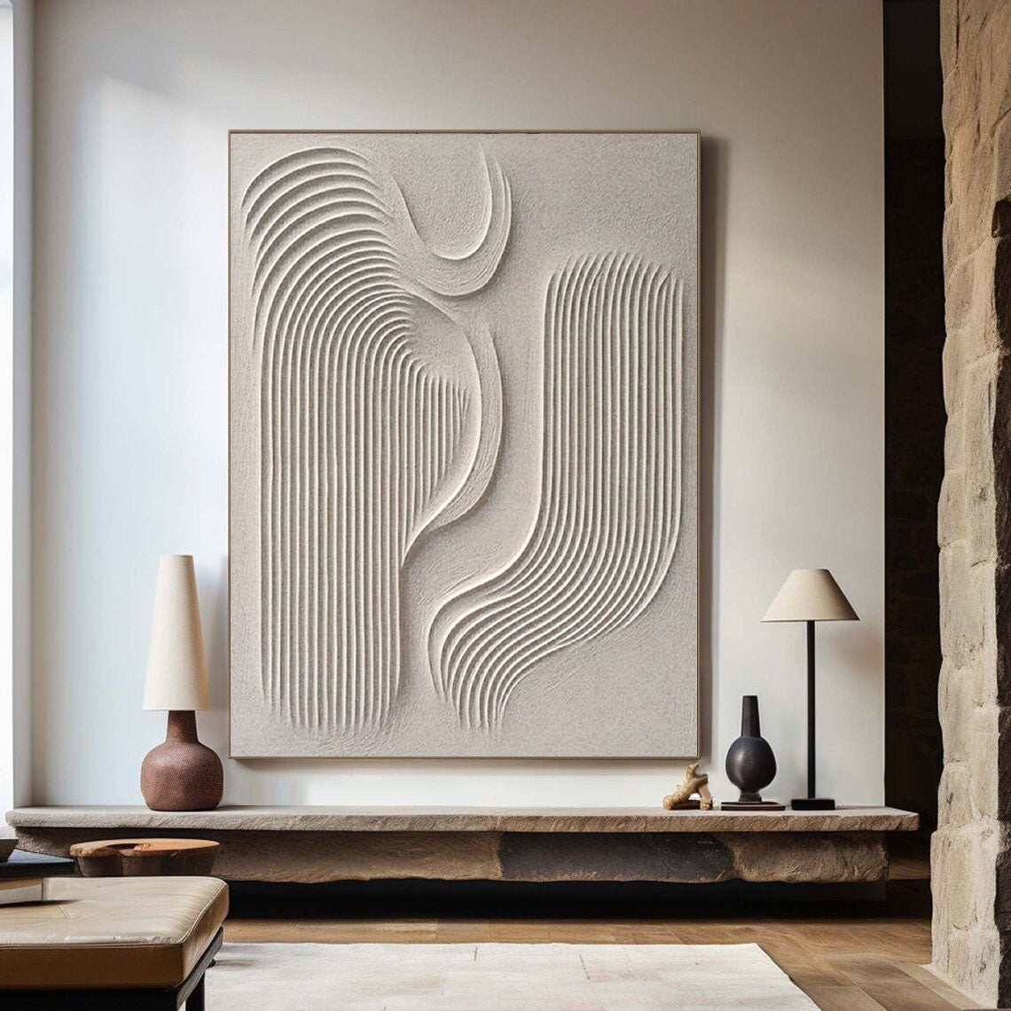 Wabi-Sabi Minimalist Wall Art – 3D Beige Textured Abstract Canvas "Elegant Curves"