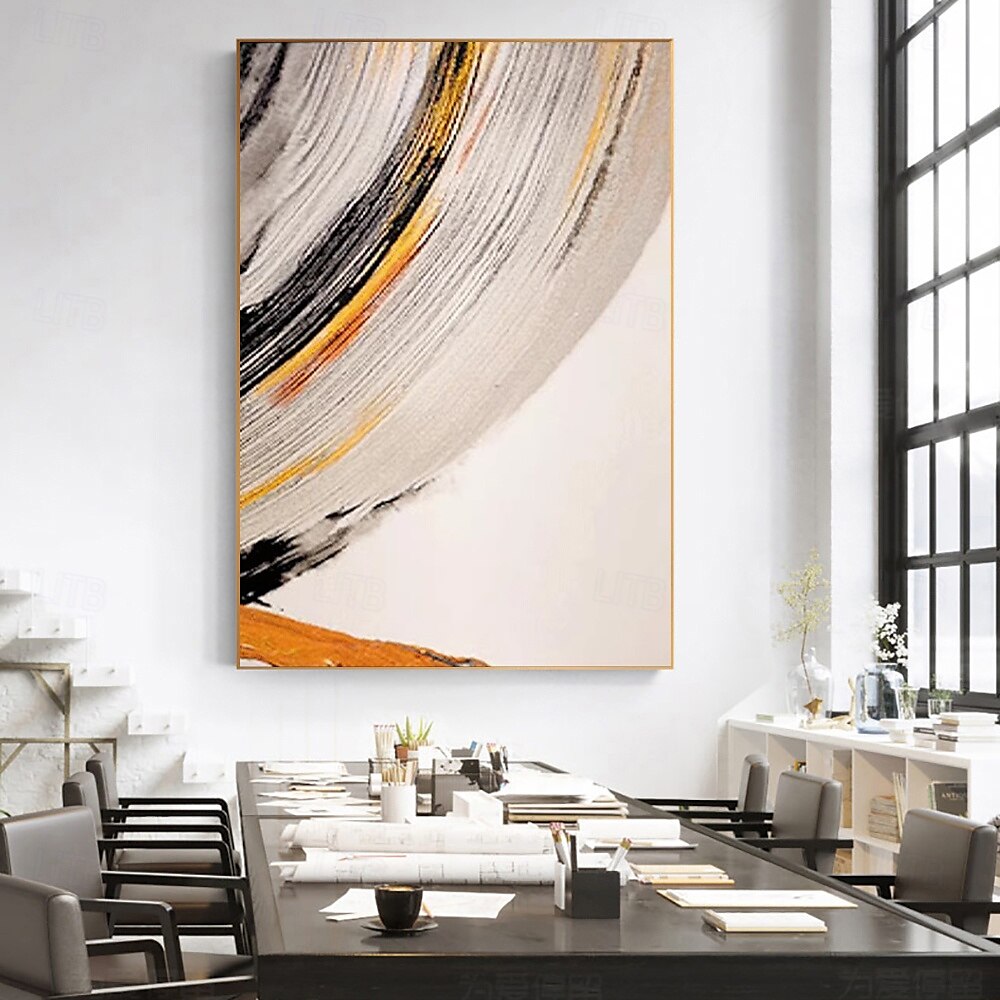 Golden Arc- Large Textured Abstract Vertical Canvas Wall Art: Gold, Black & Orange Brushstroke Decor for Modern Home Interiors