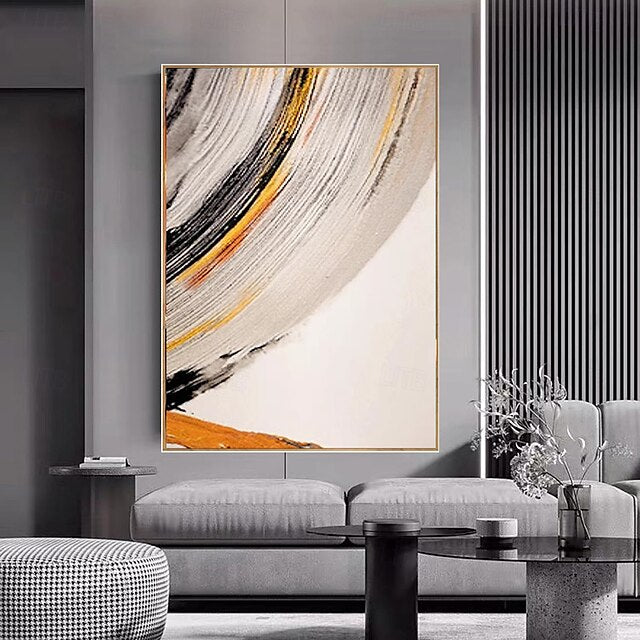 Golden Arc- Large Textured Abstract Vertical Canvas Wall Art: Gold, Black & Orange Brushstroke Decor for Modern Home Interiors