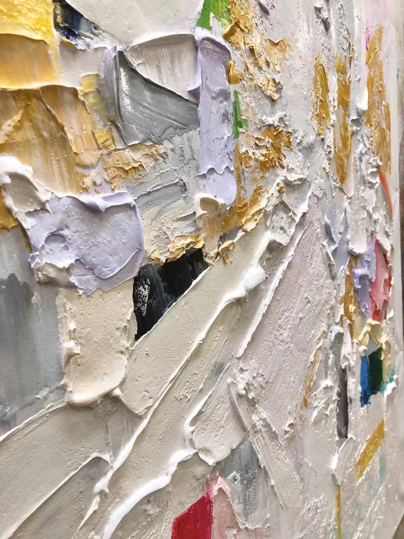 Golden Blossom-Vertical Abstract Textured Oil Painting in Gold & Lavender